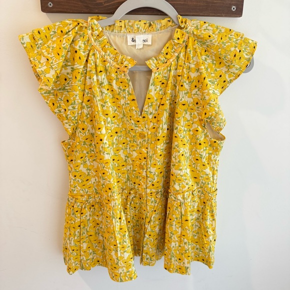 &Merci Yellow Floral Flutter Sleeve Blouse Medium - Picture 1 of 6